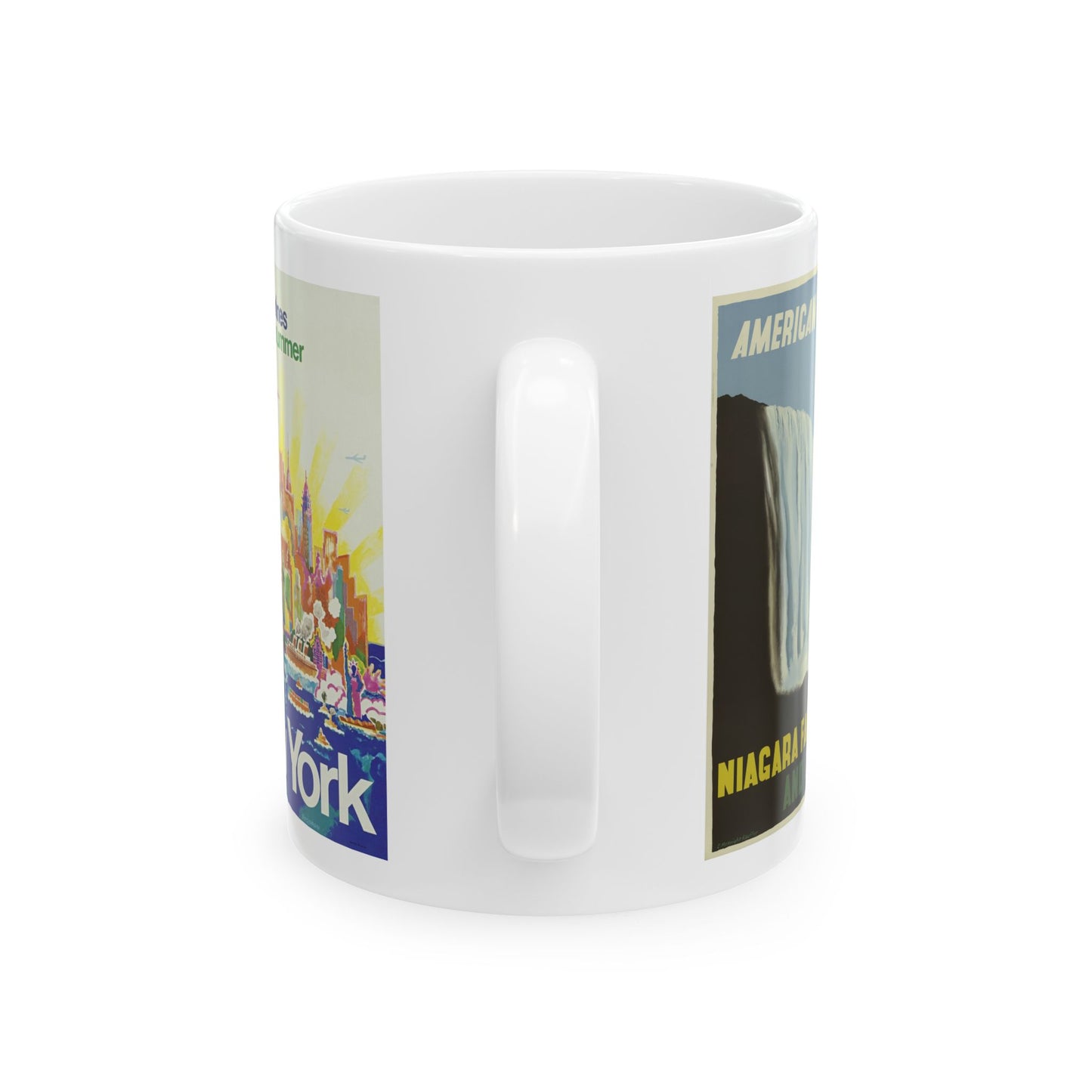 Niagara Falls, Los Angelis & New York Vintage Posters on a Travel Ceramic Mug - 11oz