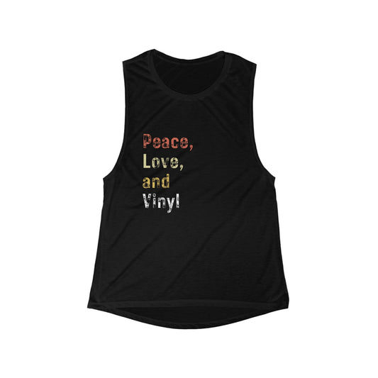 Peace, Love, and Vinyl Women's Flowy Muscle Tank - Music Lover's Casual Sleeveless Top