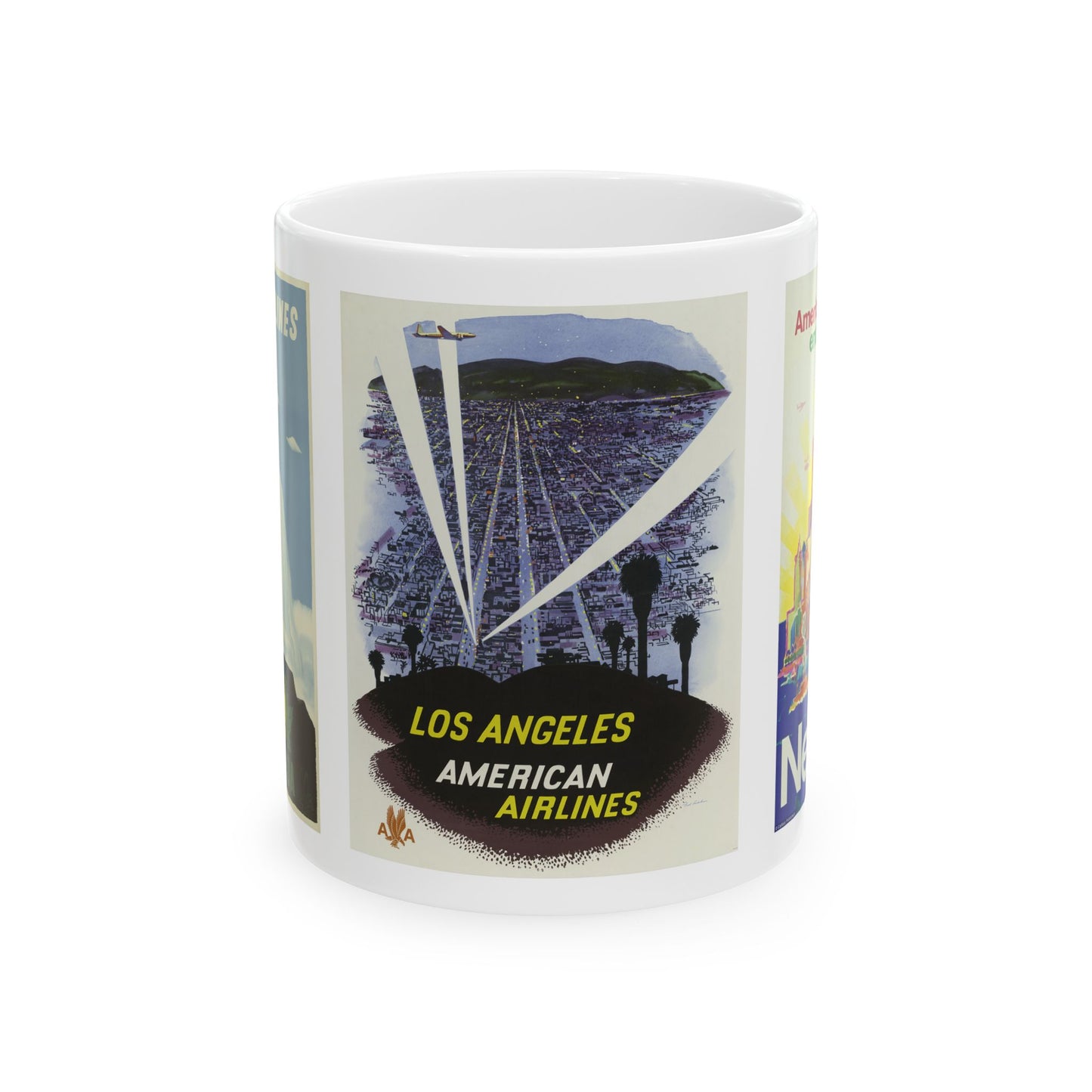 Niagara Falls, Los Angelis & New York Vintage Posters on a Travel Ceramic Mug - 11oz
