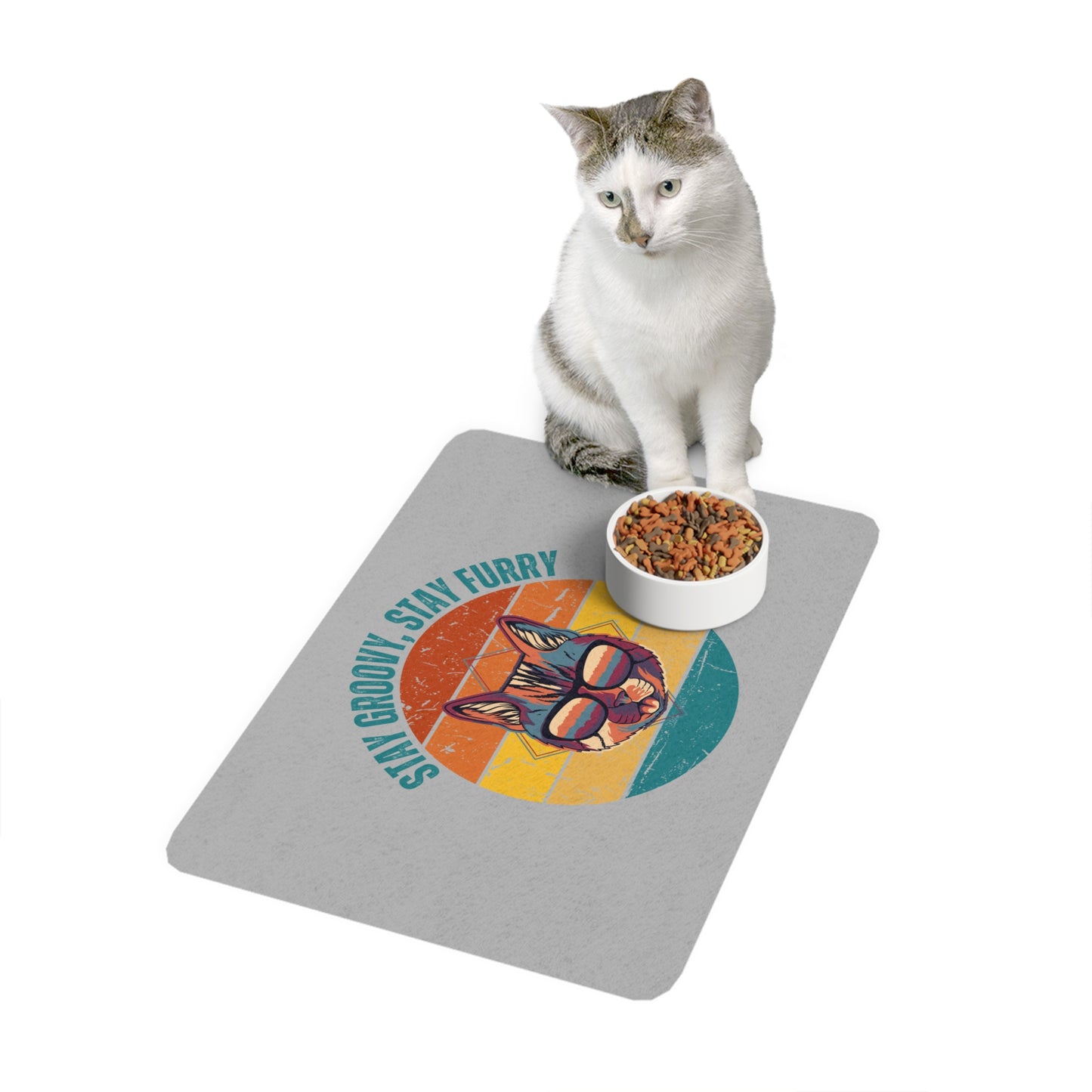 Stay Groovy Pet Food Mat - 12x18 Retro Cat Design