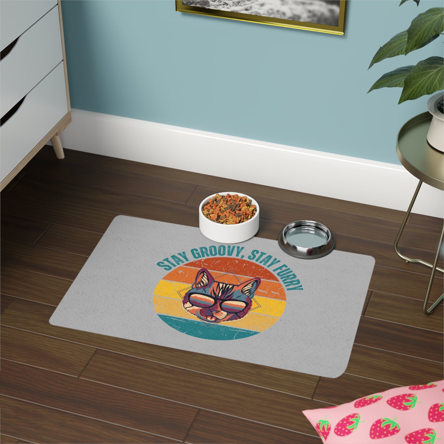 Stay Groovy Pet Food Mat - 12x18 Retro Cat Design