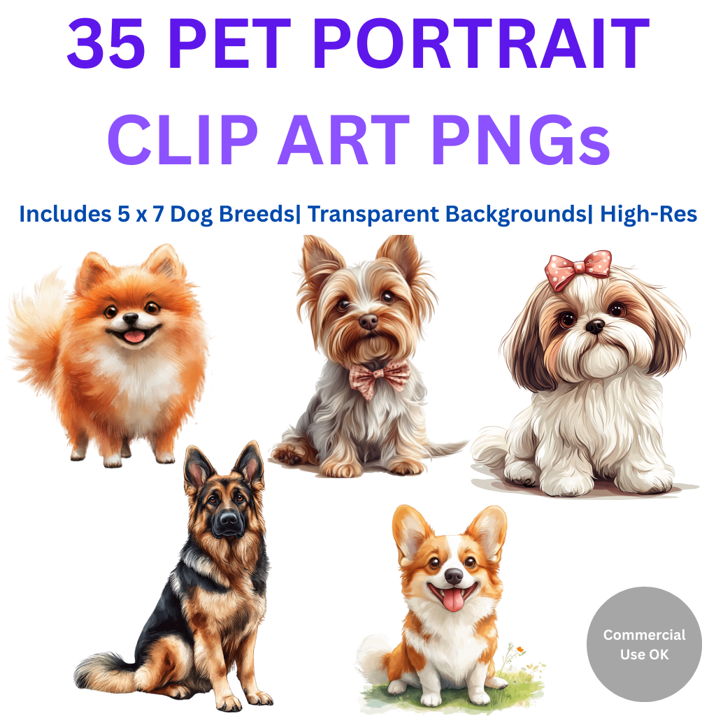 Printable Dog Wall Art Bundle | Set of 5x7 Dog Breeds | Pomeranian, German Shepherd, Shih Tzu, Corgi, Yorkshire Terrier.