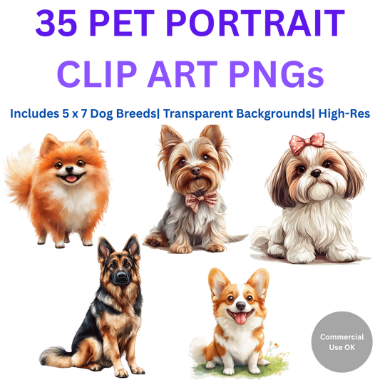 Printable Dog Wall Art Bundle | Set of 5x7 Dog Breeds | Pomeranian, German Shepherd, Shih Tzu, Corgi, Yorkshire Terrier.